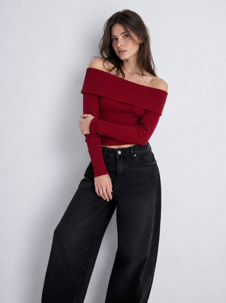 Crop Off-shoulder knit sweater Burgundy