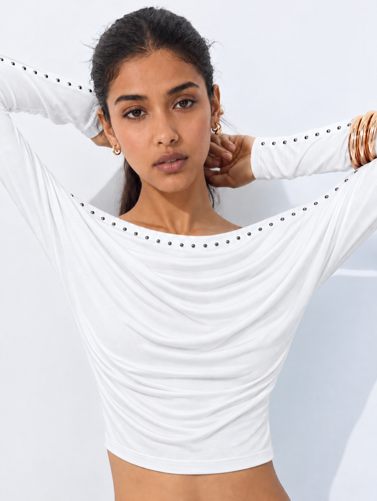 Boat neck top with studs White