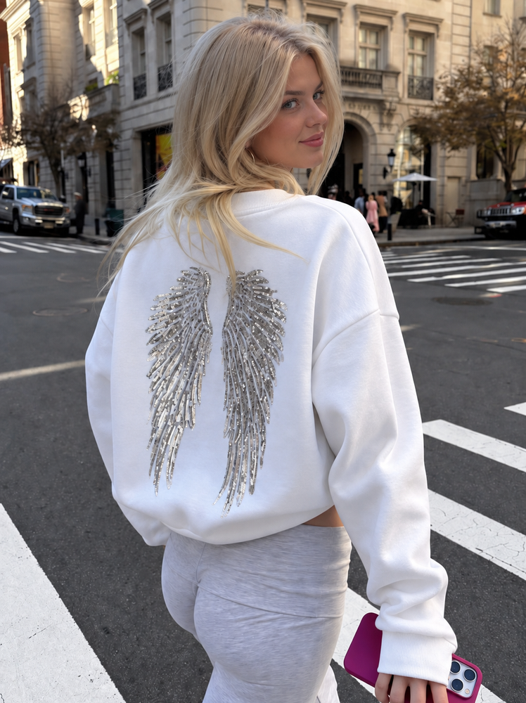 Long-sleeved sweatshirt with wings and studs White