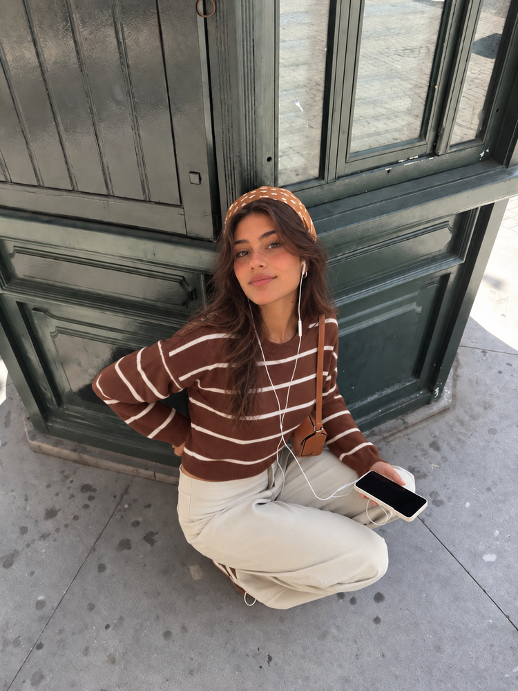 Striped cropped knit sweater brown