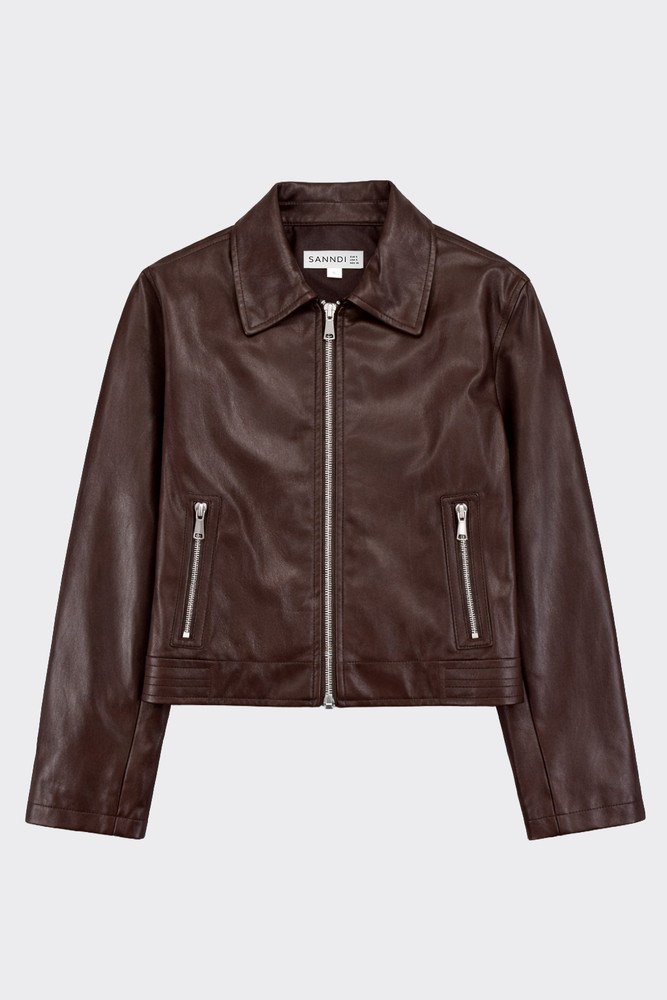 Quilted leather biker jacket brown