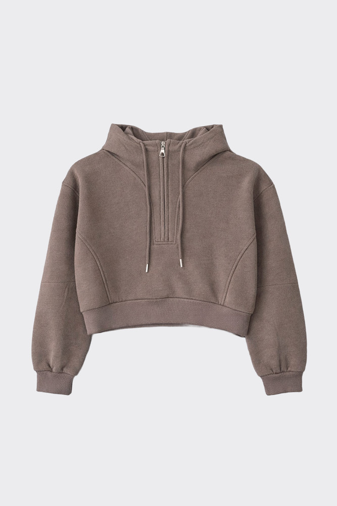 Cropped hoodie with zip brown