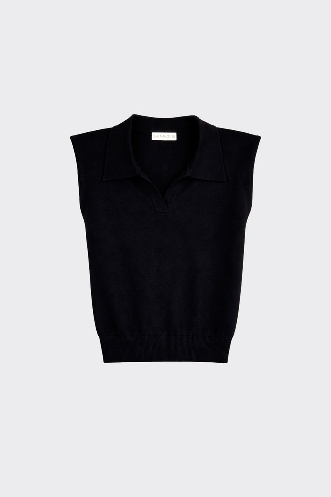 Sleeveless Knit Polo Top Black