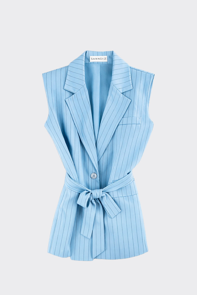 Pinstripe Sleeveless Blazer with Belt Blue