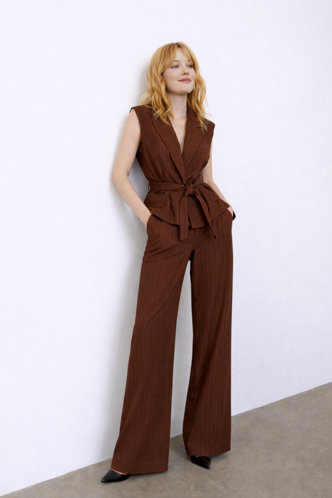 Pinstripe Sleeveless Blazer with Belt Brown
