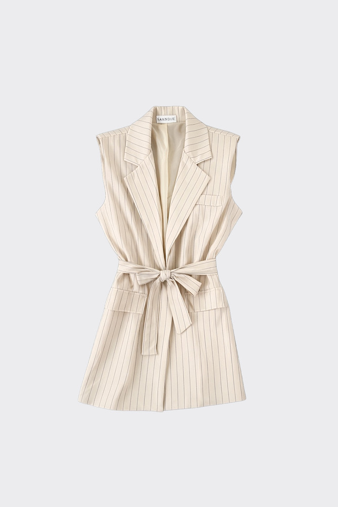 Pinstripe sleeveless blazer with belt beige