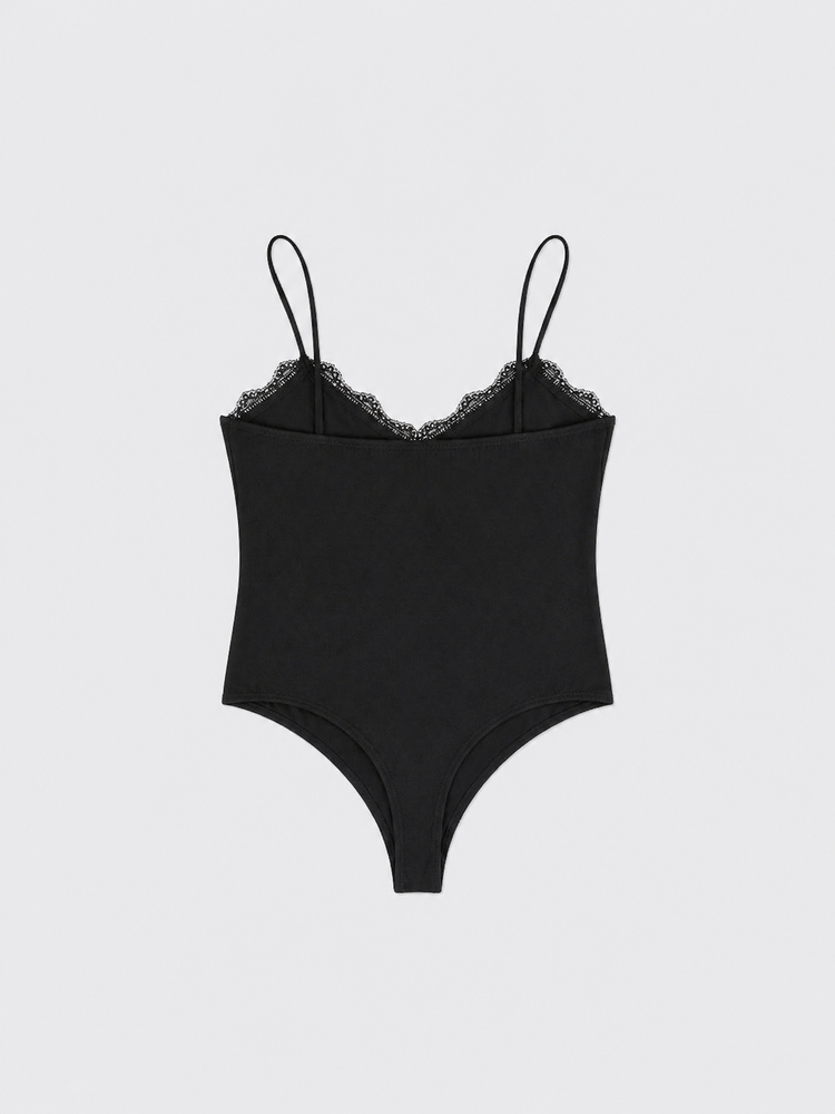 V-neck with lace strappy bodysuit black