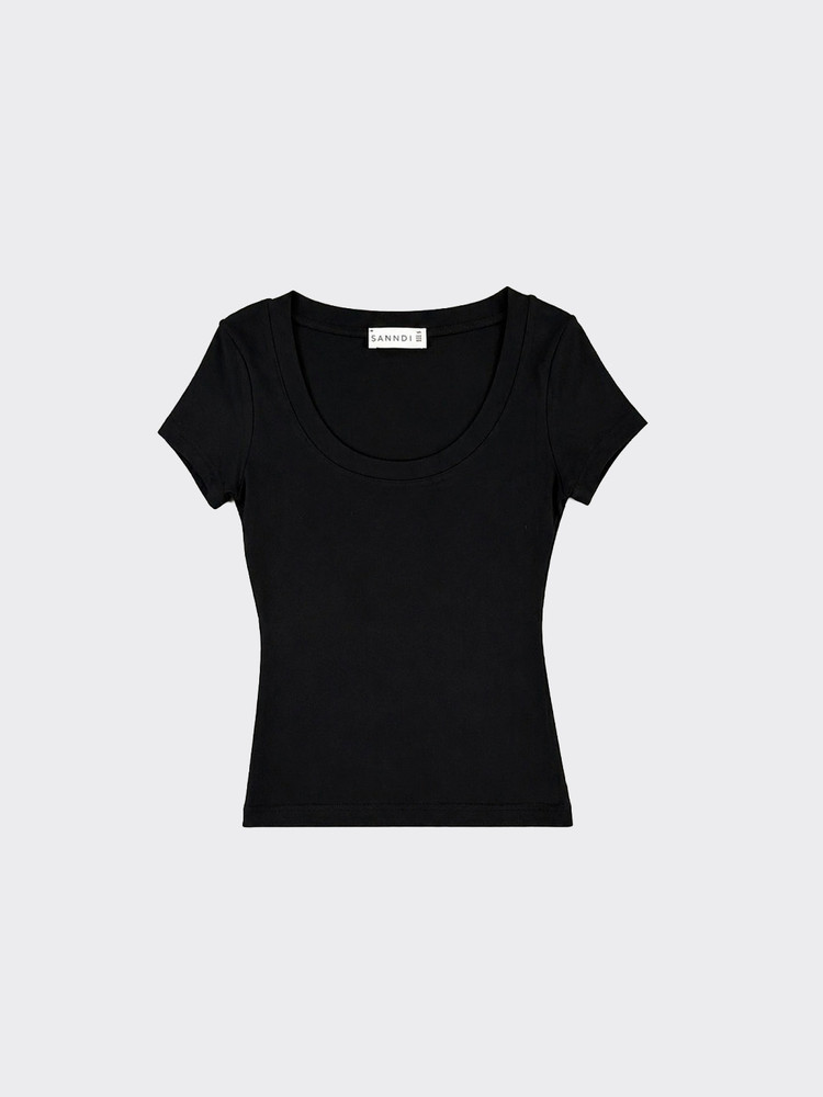 Basic fitted cropped T-shirt with round neck black
