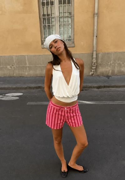 Striped print denim shorts