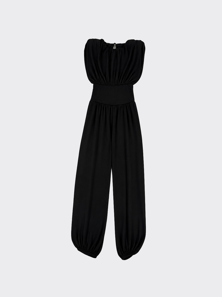 Jumpsuit with shoulder pads and gathered waist black