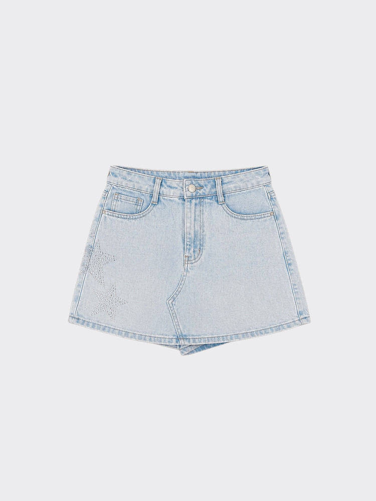 Denim mini skirt with star details on sides