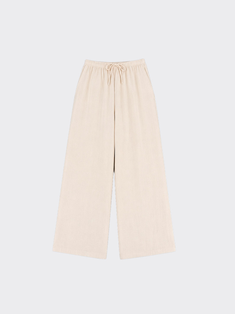 Wide-leg linen effect trousers with adjustable drawstring beige