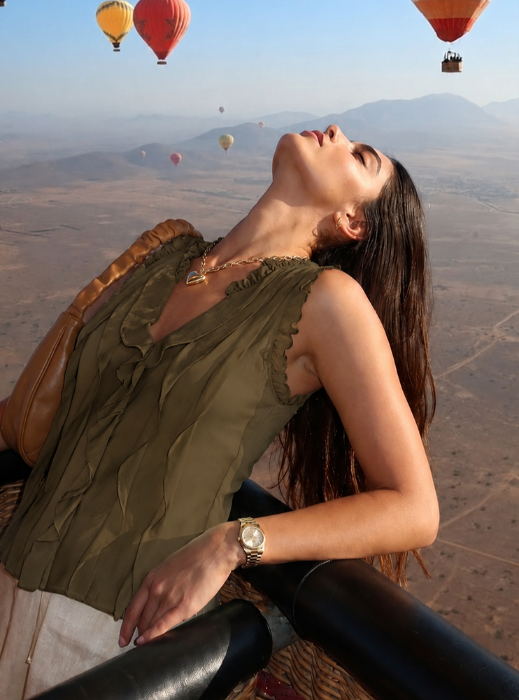 Sheer blouse with ruffles olive green