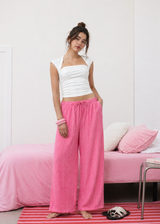 Linen-effect trousers with glitter stripes pink