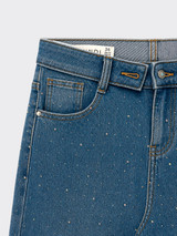 Mid-rise folded-waist glitter jeans