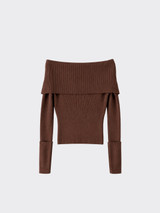 Crop Off-shoulder knit sweater Brown