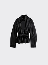 Double-sided high-neck jacket with belt and leather effect Black