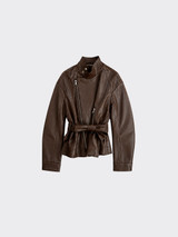 Double-sided high-neck jacket with belt and leather effect Brown