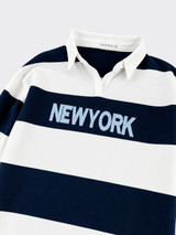 Blue striped sweatshirt with printed text