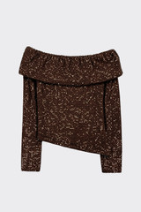 Off-shoulder sequin top brown