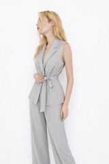 Pinstripe Sleeveless Blazer with Belt Grey
