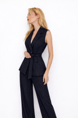 Pinstripe sleeveless blazer with belt blue