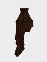 Halter neck top with asymmetrical ruffled hem brown