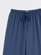 Wide-leg linen effect trousers with adjustable drawstring dark blue