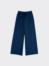 Wide-leg linen effect trousers with adjustable drawstring dark blue