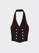 Halter crop top with buttons in twill Brown