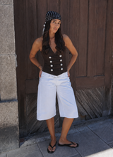 Halter crop top with buttons in twill Black