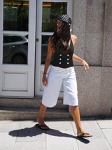 Halter crop top with buttons in twill Black