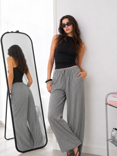 Linen-effect trousers with glitter stripes grey