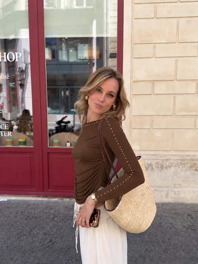 Boat neck top with studs Brown