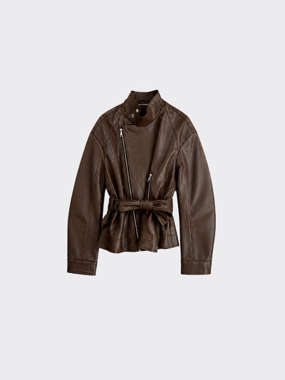 Double-sided high-neck jacket with belt and leather effect Brown
