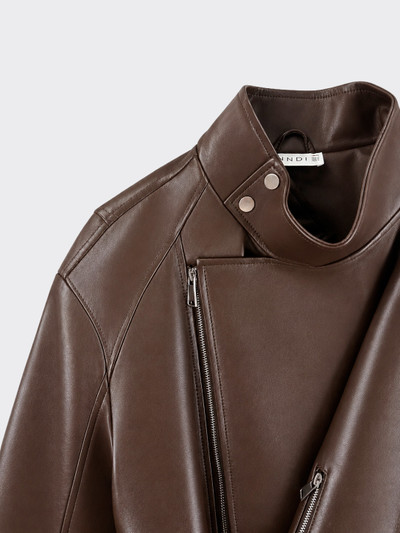 Double-sided high-neck jacket with belt and leather effect Brown