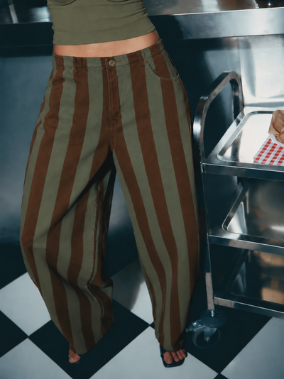 Balloon pants with green and brown stripes