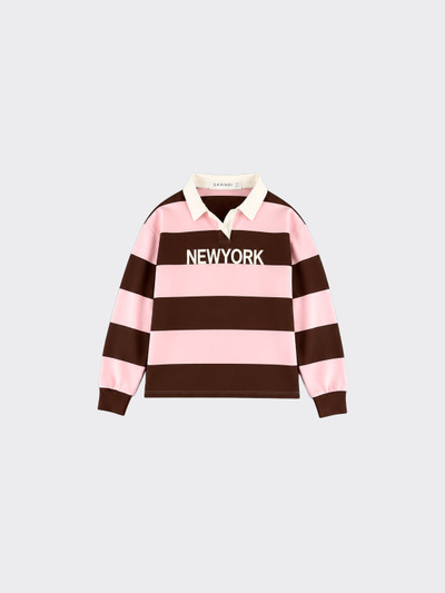 Pink striped sweatshirt with printed text