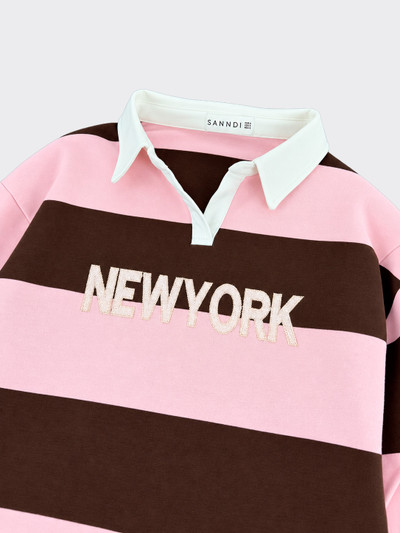Pink striped sweatshirt with printed text