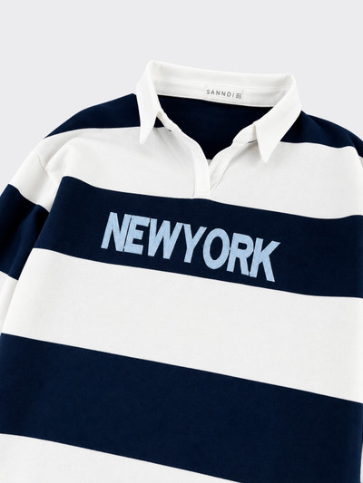 Blue striped sweatshirt with printed text