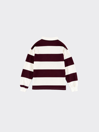 Burgundy striped sweatshirt with printed text