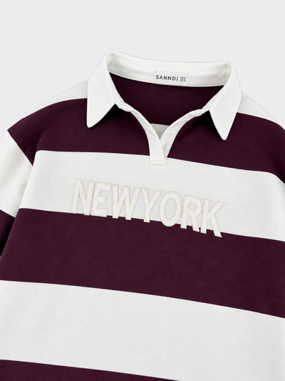 Burgundy striped sweatshirt with printed text