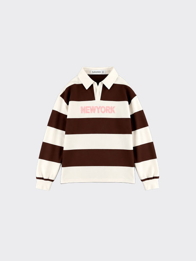 Brown striped sweatshirt with printed text