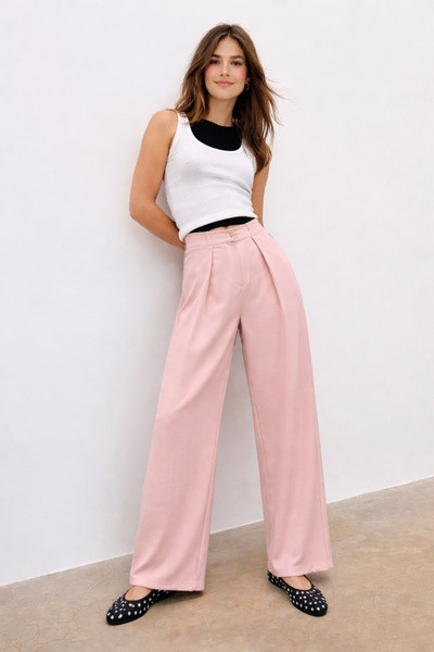 High-Waisted Pleated Wide-Leg Trousers Pink