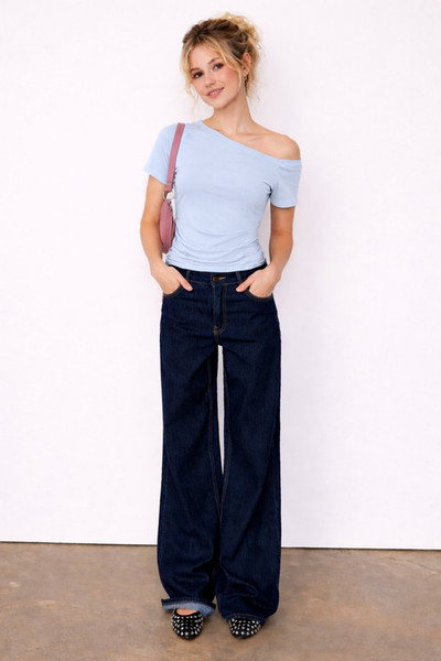 Draped short sleeve top blue