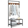 3 in 1 Industrial Coat Rack with 2-tier Storage Bench and 5 Hooks-Coffee