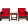 3 Pcs Patio Wicker Furniture Sofa Set with Wooden Frame and Cushion-Red