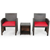 3 Pieces PE Rattan Wicker Furniture Set with Cushion Sofa Coffee Table for Garden-Red