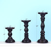 Set of Three Matte Black Genuine Wood Hand Carved Pillar Candle Holders