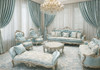 Elegant Sky Blue & Silver Carved Sofa Set with Matching Chaise Longue
